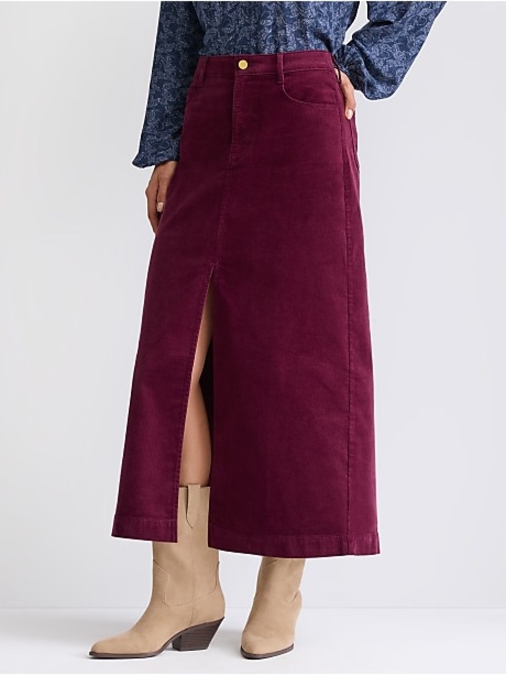 LOFT Wine Corduroy Midi Skirt with Front Slit
